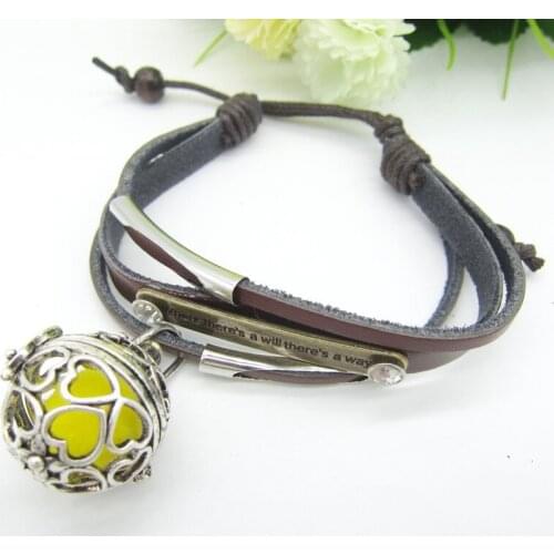 "Where there`s a will there is a way" Encouraging Words Nice Leather with DIY Hearts Locket Cage Women`s Essental Oil Bracelet