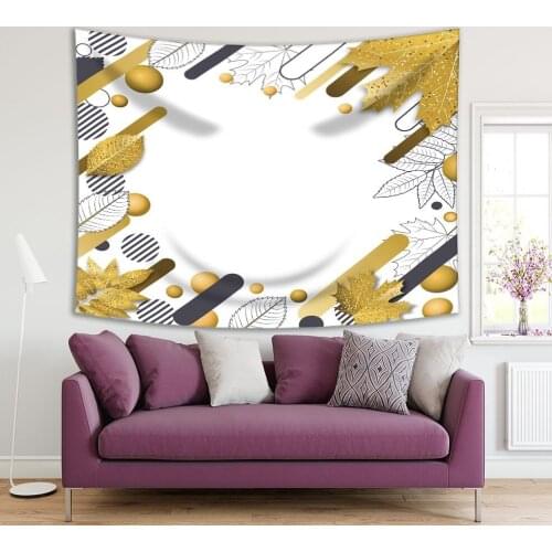 Tapestry Square with Frame Golden Leaves and Geometric Shapes Decorative Modern Artwork Yellow Blue White