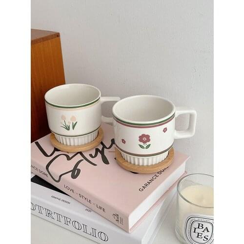 Ceramics Mugs Cherry Flowers With Wood Lid Coffee Cup tazas de café 컵 Breakfast Milk Cups For Drinking As Bithday Gifts