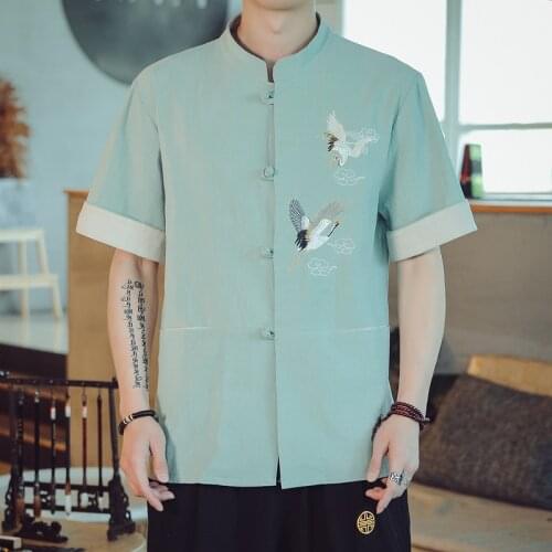 Summer Men Cotton Linen Blouse Short Sleeve T Shirt Chinese Traditional Clothes Male Hanfu Tang Suit Streetwear Tees Tops 30145