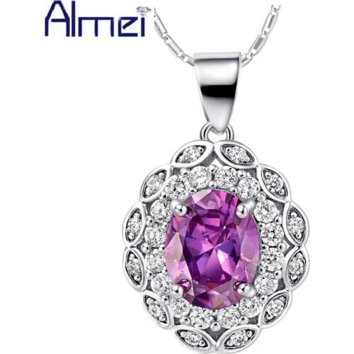 Almei Women Necklace Fashion Big Crystal Pendant Silver Girl for Wedding Bridal Flowers Costume Jewelry Purple Rhinestone T493