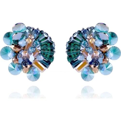 Trendy Crystals Stud Earrings for Women and Girls Handmade Beaded Flower Statement Earrings Green Party Prom Jewelry Bijoux 3365