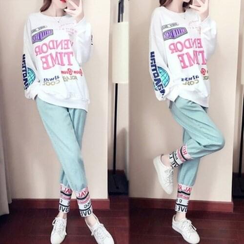 Fashion Sports Printing 2piece Set Spring New Hot Style Long Sleeve Running Women Two Piece Sets White Blue Sports Clothes