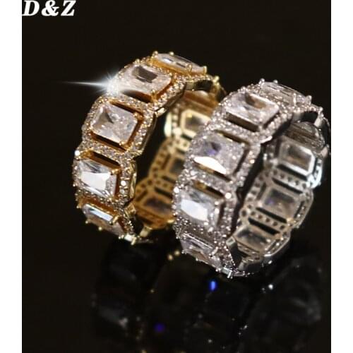 D&Z Square AAA Cubic Zirconia Tennis Chain Rings Women Men 1 Row CZ Bling Iced Out Gold Ring Men Rapper Jewelry
