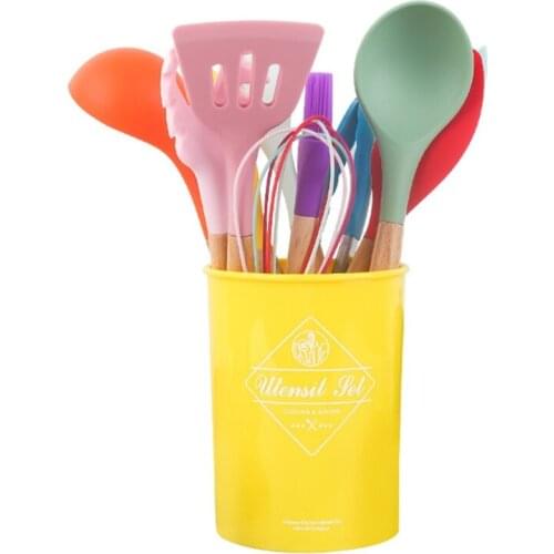 12pcs Kitchen Silicone Cooking Utensil Set Nonstick Spatula Shovel Wooden Handle with Storage Holder Kitchen Accessories N0PA