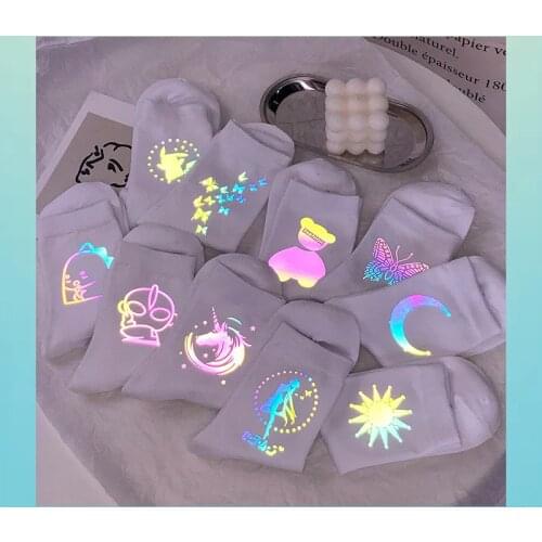 Japan Harajuku Night Reflection Light Socks Funny Cartoon Socks Fashion Cute Socks Street Style Hip-hop Skateboard Socks