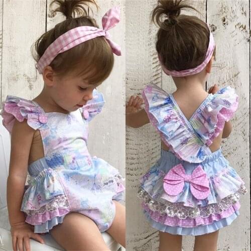 New Newborn Casual Baby Girls Flying Sleeve Romper Vintage Sequins Lace Floral Princess Jumpsuit 0 Months-3 Years Daily Wear