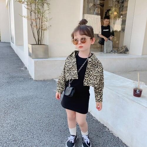 2021 Autumn Europe Beautiful Style Girls' Fashionable Leopard Print Short Coat Black Slim T-shirt Dress Two-Piece Suit