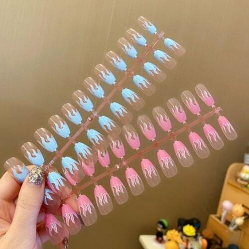 Flame Fake Nails Design Blue Purple Fire Pattern Full Cover False Nails Artificial Nail Decal Art Tips