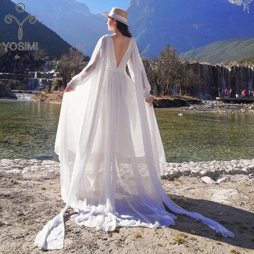 YOSIMI Floor-Length Long Women Dress White Chiffon 2021 Summer V-neck Lantern Sleeve Fit and Flare Women Party Dresses Elegant