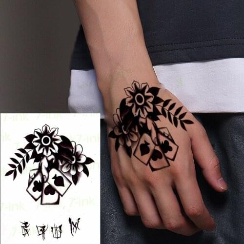 Waterproof Temporary Tattoo Sticker Retro flower Poker cards on Back of hand tatto flash tatoo fake tattoos for women men