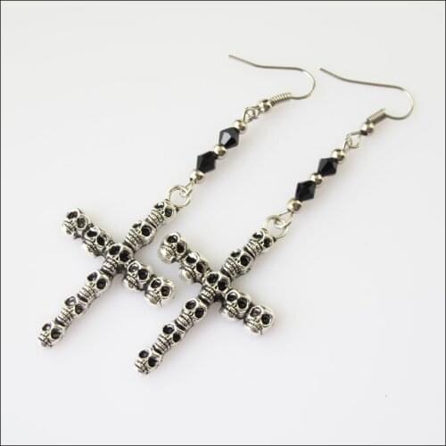 Fashion 2Pairs Winsome Retro Skull Cross Black Crystal Dangle Hook Earrings Women Jewelry