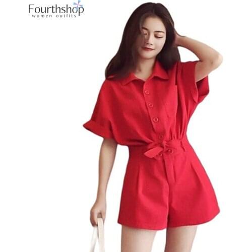 2021 Summer Fashion Women Playsuits Short Sleeved Overalls Solid Color Casual Jumpsuits Female Elegant Rompers with Sashes