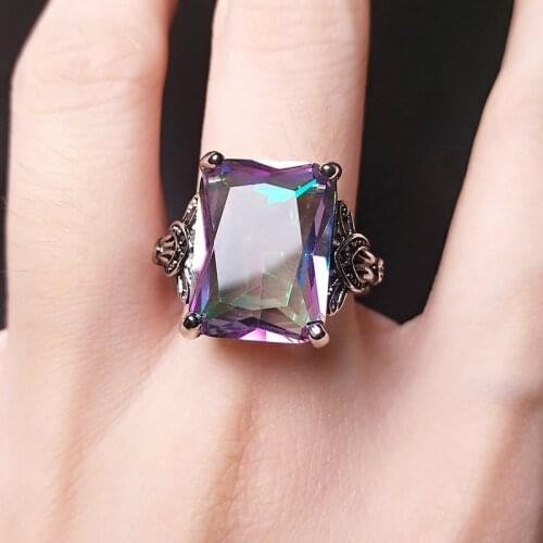BLACK ANGEL Simple Geometric Rectangle Rainbow Color Luxury Gemstone Topaz Adjustable Ring For Women Fine Jewelry Wedding Gift
