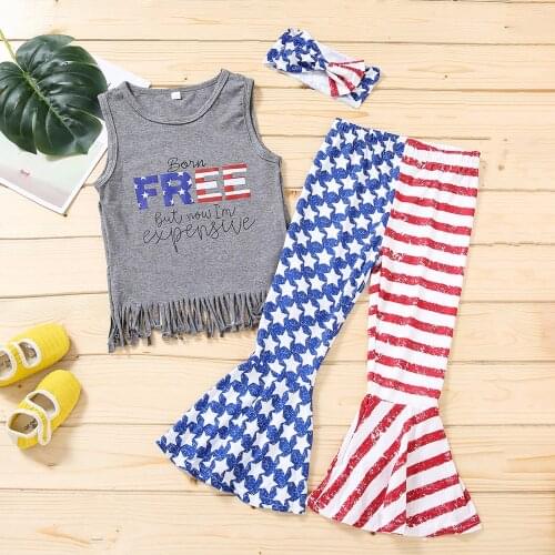 2021 Summer Toddler Baby Girls Clothes Set 4th- Of July Tassel T-shirt Bell-bottoms Pants Headband 3pc Outfits Set Girl Clothing