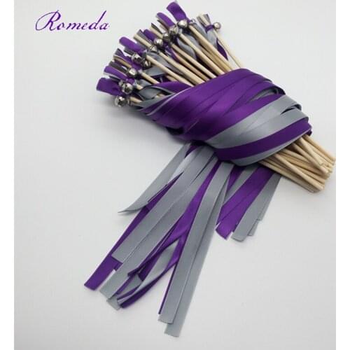 50pcs/lot Sliver and Purple wedding ribbon wands sticks with sliver bell for wedding decoration