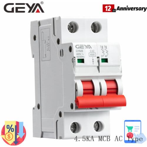 Free Shipping GEYA Circuit Breakers 2P 6A 10A 16A 20A 25A 32A 40A 50A 63A MCB Breaker with CE CB SEMKO Certificate