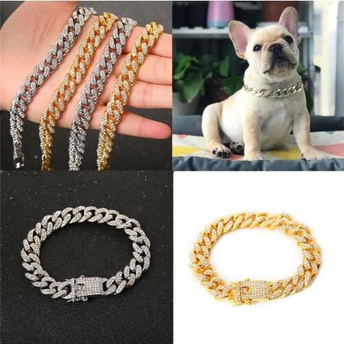 Alloy Rhinestone Dog Collars Pet Cat Collar Leash Metal Chain Luxury Crystal Large Dog Collar Leather Pitbull Dog Accessories