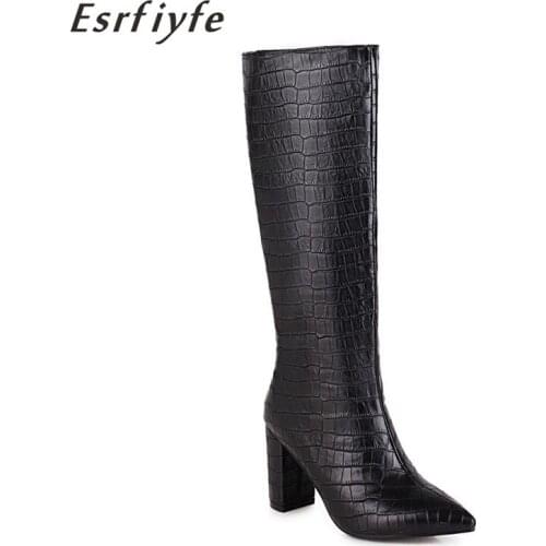 ESRFIYFE 2020 New Stone Grain Microfiber Women Knee High Boots Fashion Pointed Toe Ladies Boots Chuniky Heel Women Shoes Black