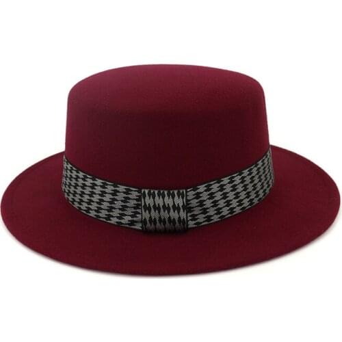 European US Flat Brim Wool Felt Fedora Hats with Ribbon Band Flat Top Formal Cap Trilby Boater Hat Sombrero for Men Women