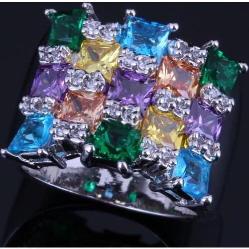 Glaring Square Multigem Multicolor Sky Blue Cubic Zirconia Silver Plated Ring V0577