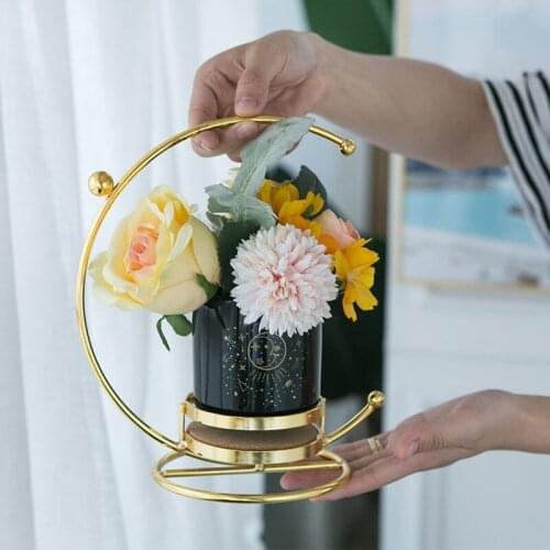 Ceramic Moon Succulent Pot Northern Europe Style Balcony Artificial Flower Vase With Golden Iron Holder Green Plant Pot