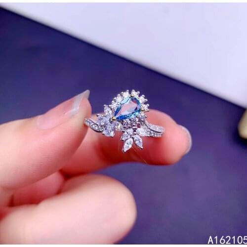 925 pure silver Chinese style natural Swiss Blue Topaz womens luxury classic water drop adjustable gem ring jewelry support det