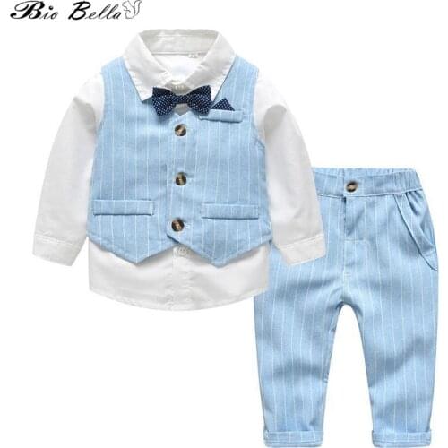 Brand New 3Pcs Boys Spring Formal Wedding Birthday Party Vest Suit Quality 100% Cotton Gentle Boys Blue Striped Boys Suit