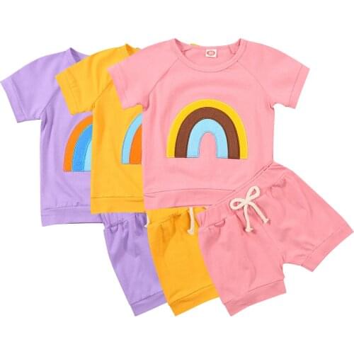 2Pcs Toddler Summer Tracksuits, Rainbow Print O-Neck Short Sleeves T-Shirt + Ruffled Shorts for Little Girls, Pink/Yellow/Purple