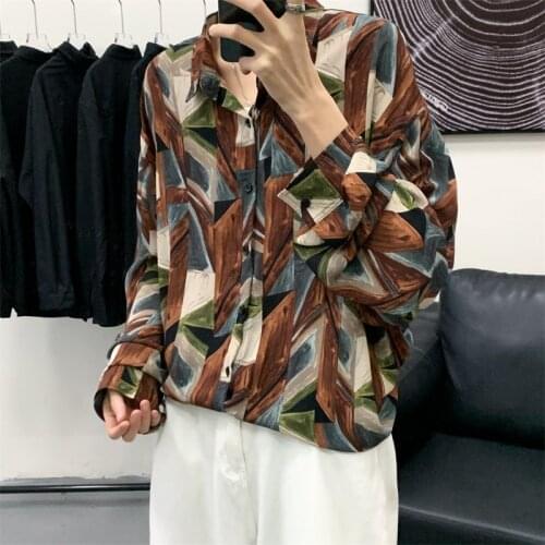 Summer Thin Retro Printed Shirt Men Korean Fashion Loose Casual Shirt Men Harajuku Streetwear Social Long-sleeved Shirt Men