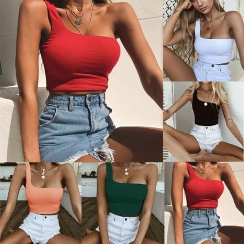 Summer Women Clothes One Shoulder Tank Top Vest Tee Crop Tops Shirt Fashion Casual Sexy Slim Solid Slim Lady Clubwear Tanks