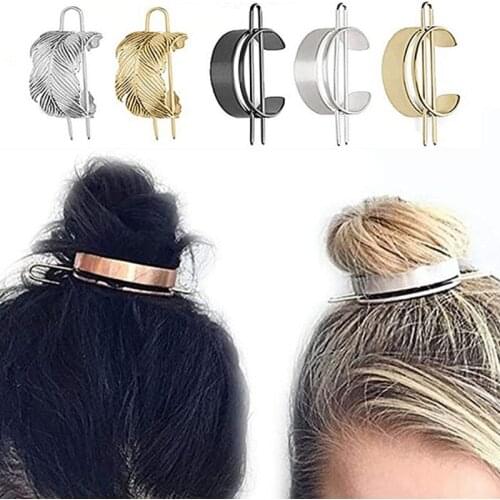 Metal Leaf Feather Hair Stick Boho Wedding Hair Accessories Bun Holder Hairpins Vintage Ponytail Messy Bun Cuff Cage