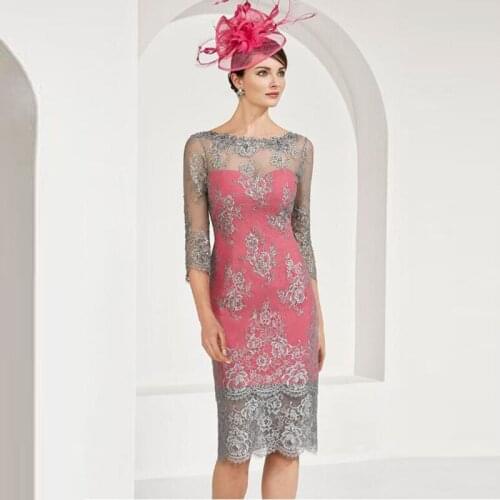 Latest Charming Silver Lace Boat Neck Mother of the Bride Dresses With Three Quarter Sleeves Wedding Party Gowns Knee Length