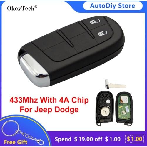 Okeytech Original 2 Buttons 433Mhz 4A Chip Smart Remote Control Car Key Fob For Jeep Dodge Grand Cherokee Journey Insert Blade