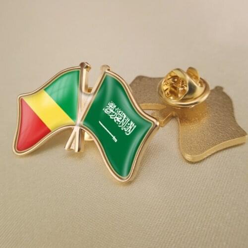 Congo Republic and Saudi Arabia Crossed Double Friendship Flags Lapel Pins Brooch Badges