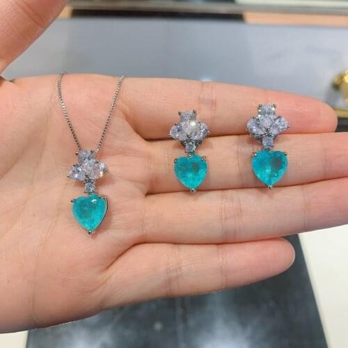 Heart Paraiba Tourmaline Gemstone 925 Silver Needle Earrings White Gold Plating Pendant/Necklace Wedding Jewelry Sets