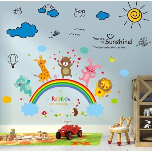 [shijuekongjian] Cartoon Rainbow Clouds Wall Stickers DIY Animal Wall Decals for Kids Rooms Baby Bedroom House Decoration