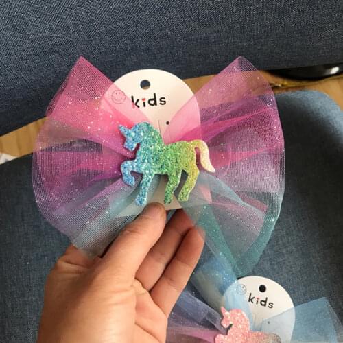 Pastel Rainbow Unicorn Hair Clips Handmade Shining Mesh Hair Bows Girls Hair Accessories Cute Hairgrips Children Kids Headwear