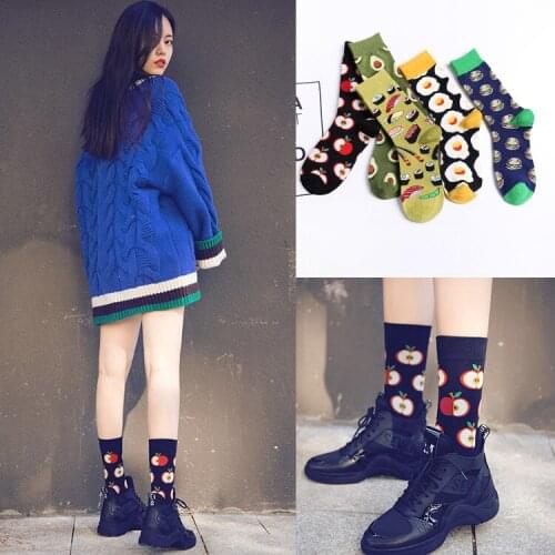 Women Socks Funny Cute Cartoon Fruits Avocado Egg Apple Food Happy Japanese Harajuku skateboard Socks For Women