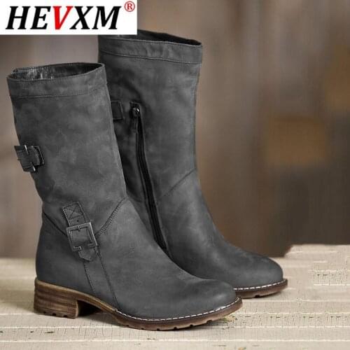 Womens boots 2020 autumn and winter new round toe thick heel buckle plus size casual Martin boots women