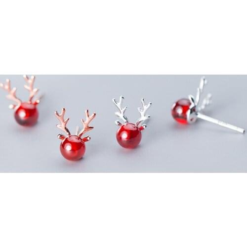 MloveAcc 925 Solid Sterling Silver Fine Jewelry Sweet Red Garnet Crystal Antlers Elk Christmas Stud Earring Gift for Women Girls