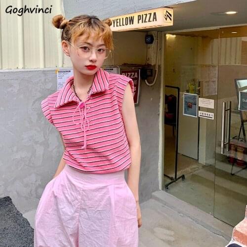 T-shirts Women Striped Vintage Sleeveless Retro Preppy Style Streetwear Trendy Y2K Stylish Loose All-match New Designer Female