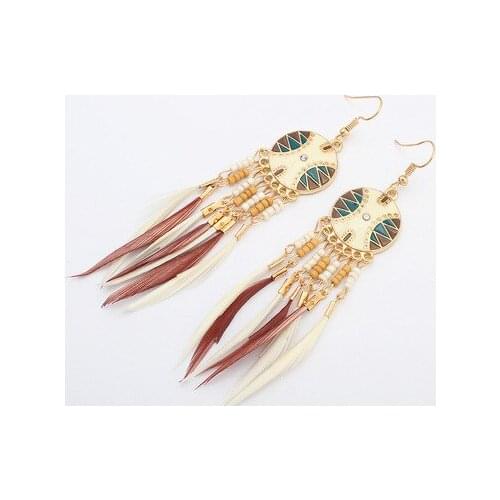 2019 Golden Silver Vintage Ethnic Rainbow beads Feather Dangle Drop Earrings for Women Female Boho Jewelry Accessories
