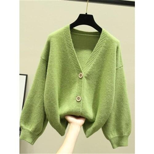 Oversized Cardigan Women 2021 Spring Casual Solid V Neck Long Sleeve Cardigan Sweater Female Knit Jacket Coat Green Pink ZY5970