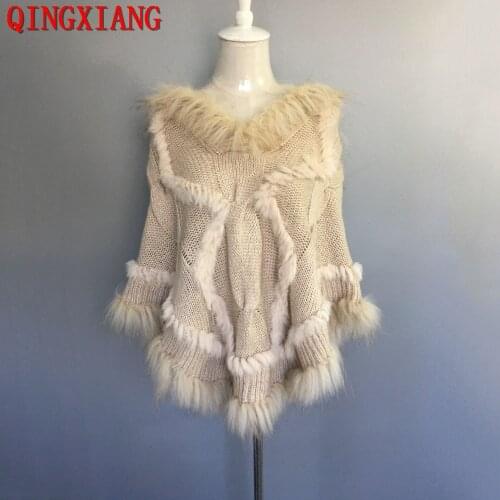 2020 Women Gold Thread Winter Raccoon Real Rabbit Fur Out Street Pullover Knitted Sweater Loose Poncho Black Thick Coat With Hat