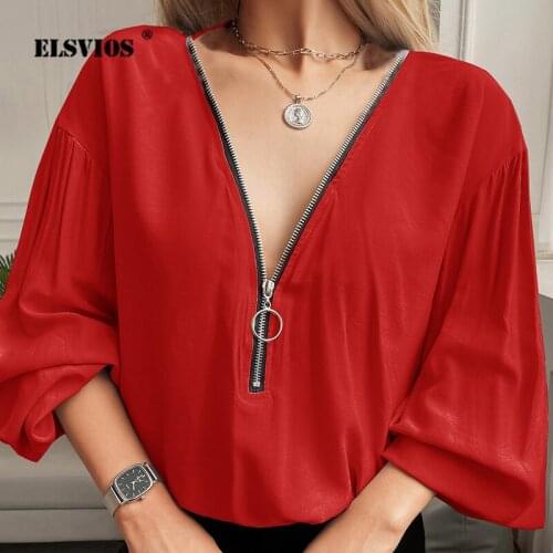 Autumn Winter Zipper V Neck Long Sleeves Womens Chiffon Top Shirts Fashion Casual Solid Color Loose Elegant Slim Party Pullover