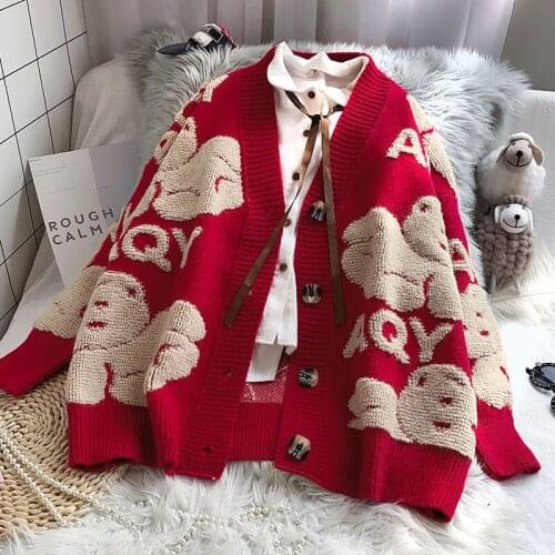Autumn Winter Women Cardigan Jacket 2021 Cartoon Print Loose Sweater Top Coat V Neck Letter Print Knitted Cardigan Woman Clothes