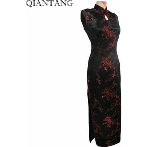 Black-Red Traditional Chinese Dress Mujer Vestido Womens Satin Long Halter Cheongsam Qipao Flower Size S M L XL XXL XXXL J3035