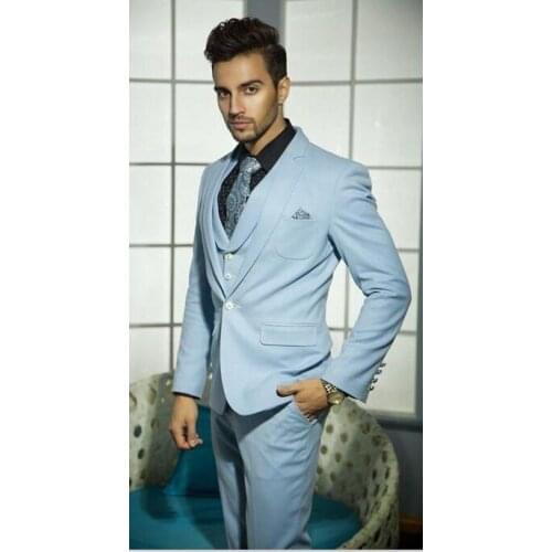 2017 Latest Coat Pant Designs Light Blue Groom Blazer Men Suit Wedding Suits For Men Jacket Slim Fit Style Tuxedo 3 Piece Ternos