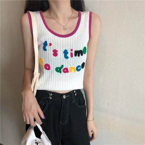 2021 Summer Sleeveless O Neck Off Shoulder Sexy Tank Tops Women Knit Letter Casual White Tanks 2000s Fashion Kawaii Y2K Crop Top